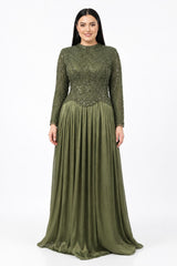 Plus‑Size Abendkleid Mit Pailletten - Und Perlenbesatz, Lange Ärmel — Khaki