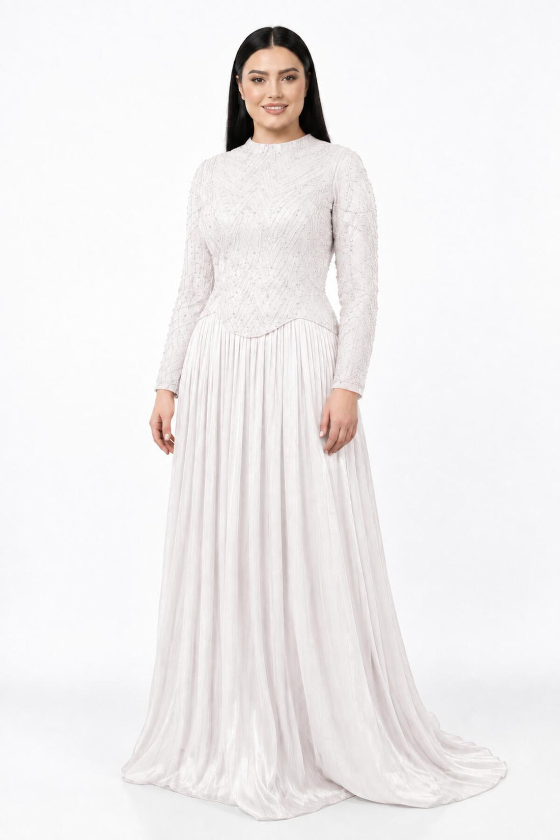 Plus - Size Sequin & Beaded Long - Sleeve Gown — White