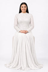 Plus - Size Sequin & Beaded Long - Sleeve Gown — White