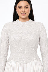 Plus - Size Sequin & Beaded Long - Sleeve Gown — White