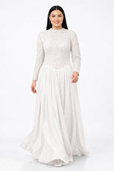 Plus - Size Sequin & Beaded Long - Sleeve Gown — White