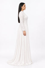 Plus - Size Sequin & Beaded Long - Sleeve Gown — White