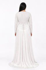 Plus - Size Sequin & Beaded Long - Sleeve Gown — White