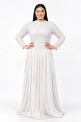 Plus - Size Sequin & Beaded Long - Sleeve Gown — White