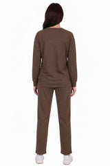 Taupe Long - Sleeve Set With Bear Embroidery And Piping