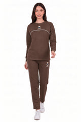 Taupe Long - Sleeve Set With Bear Embroidery And Piping