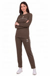 Taupe Long - Sleeve Set With Bear Embroidery And Piping