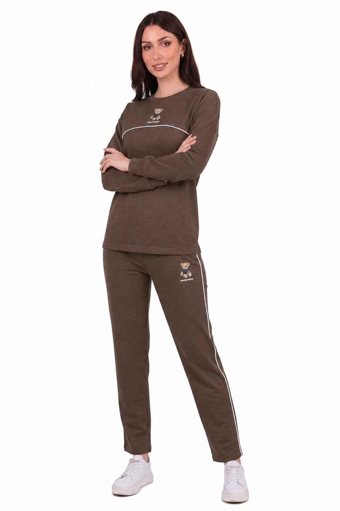 Taupe Long - Sleeve Set With Bear Embroidery And Piping