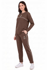 Taupe Long - Sleeve Set With Bear Embroidery And Piping