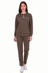 Taupe Long - Sleeve Set With Bear Embroidery And Piping