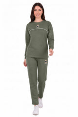 Khaki Langarm - Set Mit Bärenstickerei Und Paspel