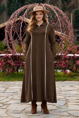 Plus‑Size Long Dress With Half Zip And Contrast Piping — Brown