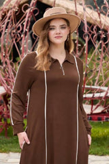 Plus‑Size Long Dress With Half Zip And Contrast Piping — Brown