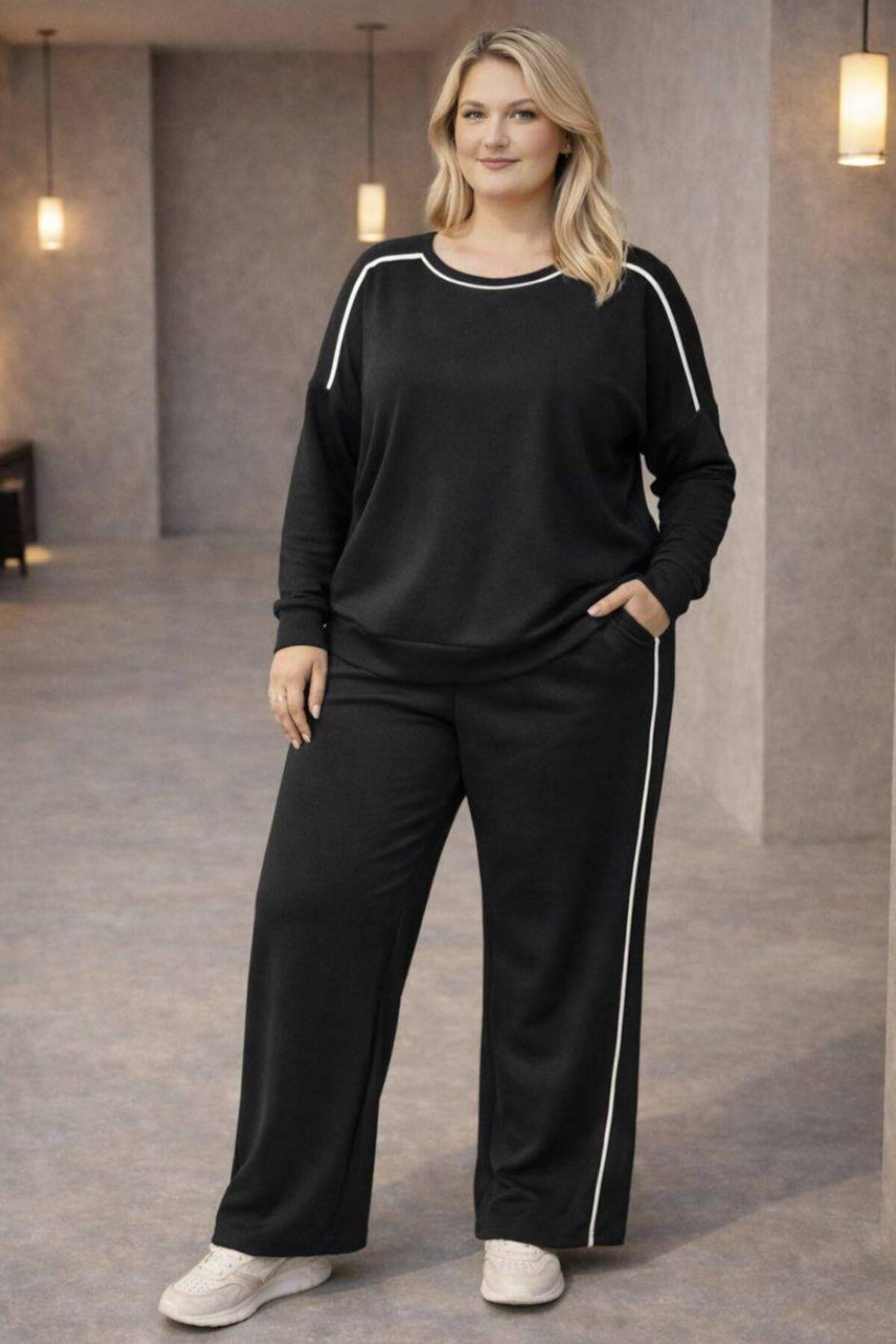 Große Größen Oberteil & Hose Mit Streifen – Schwarz