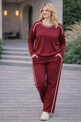Plus‑Size Set With Shoulder And Trousers Stripes — Burgundy