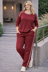 Plus‑Size Set With Shoulder And Trousers Stripes — Burgundy