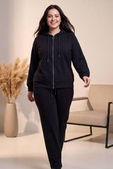 Plus‑Size Capuchonset Met Verticale Steendetail — Zwart