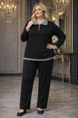 Plus - Size Zip - Up Set With Striped Collar - Black