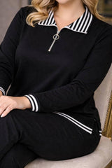 Plus - Size Zip - Up Set With Striped Collar - Black