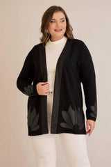Cardigan In Großen Größen Mit Blumenbesatz Und Steinverzierungen, Schwarz