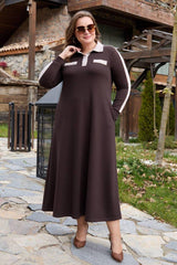 Plus - Size Collared Dress With Gold Buttons — Brown