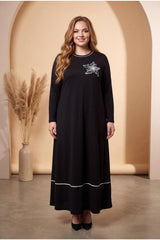 Plus‑Size Dress With Rose‑Patterned Neckline — Black