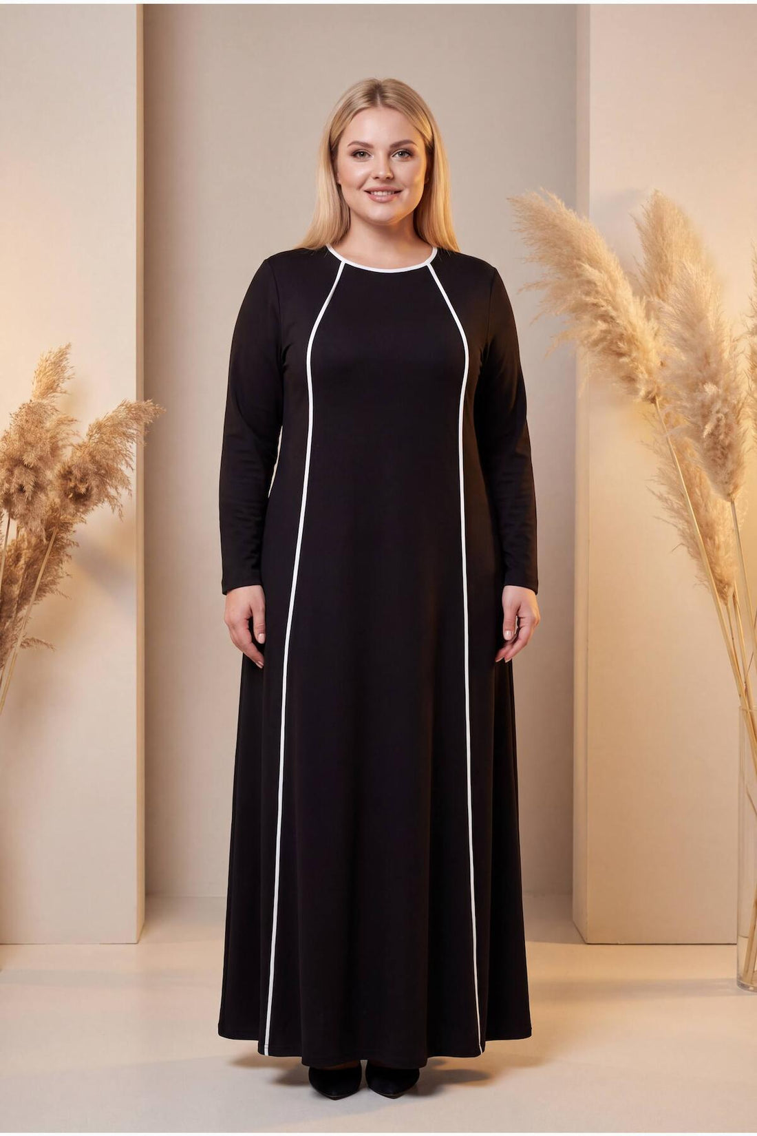 Plus‑Size Black Dress With Double White Front Stripes