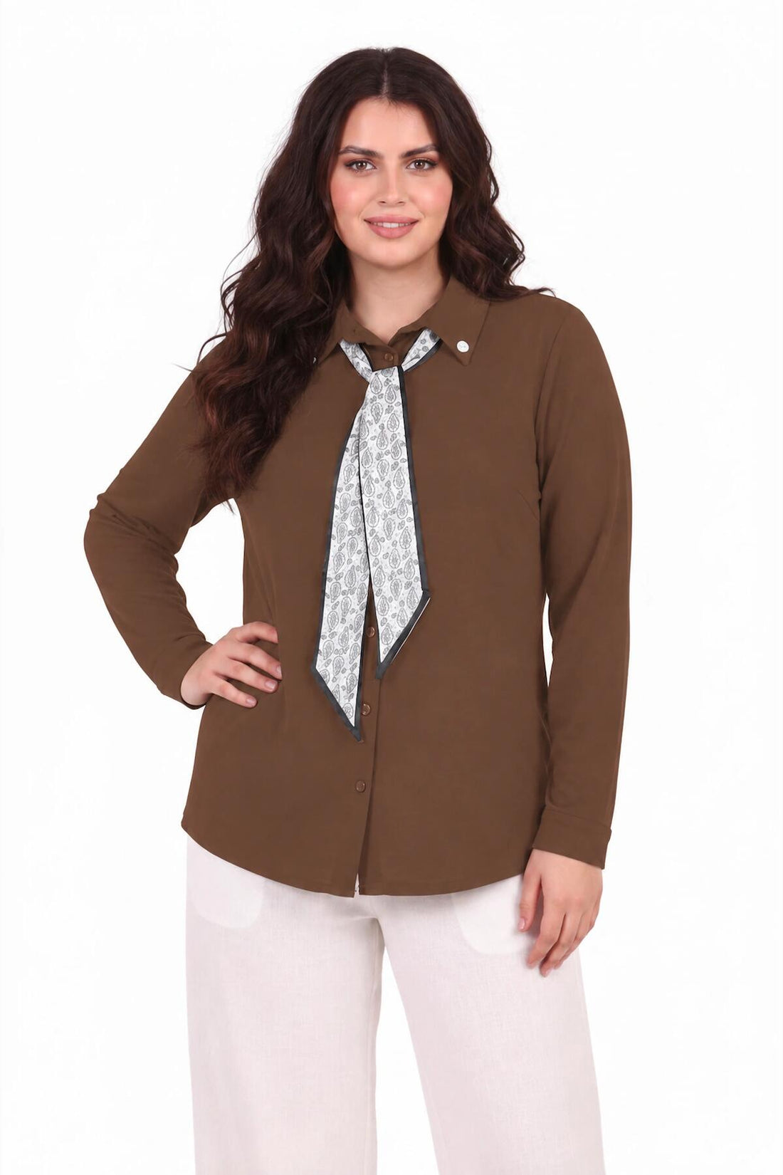 Plus‑Size Blouse With Scarf And Button Detail — Brown