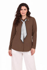 Plus‑Size Blouse With Scarf And Button Detail — Brown