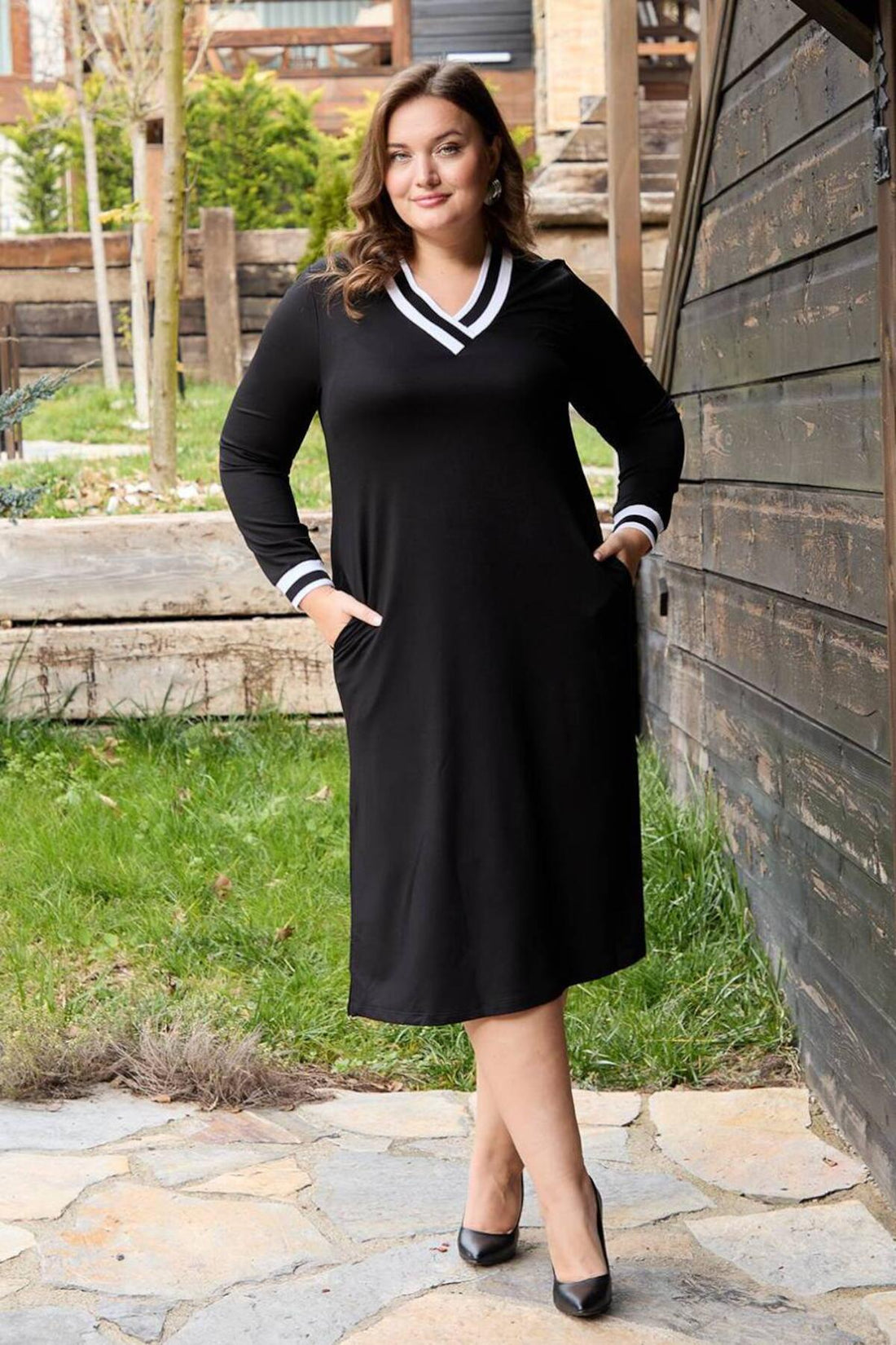 Plus - Size V‑Neck Dress With Stripe — Black