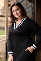 Plus - Size V‑Neck Dress With Stripe — Black