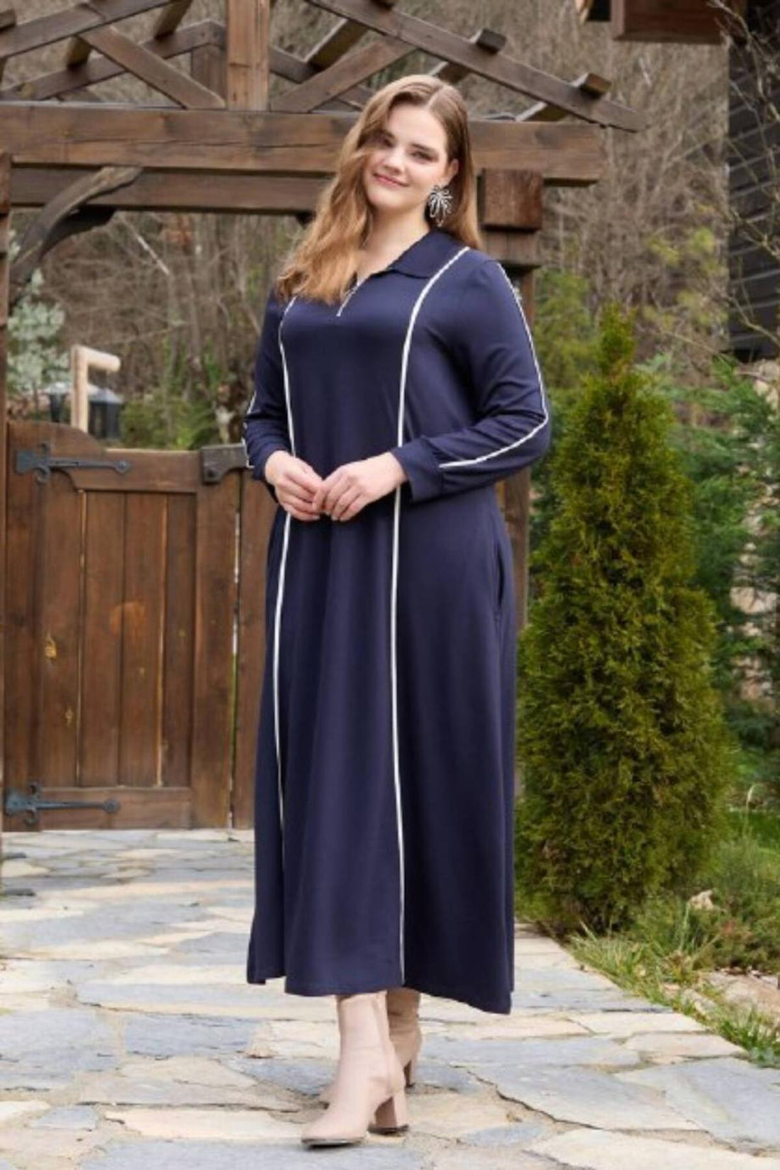 Plus - Size Half - Zip Long Dress — Navy
