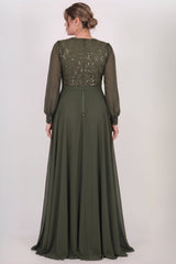 Plus - Size Avondjurk Met Paillettenbovenstuk En Chiffonmouwen – Groen
