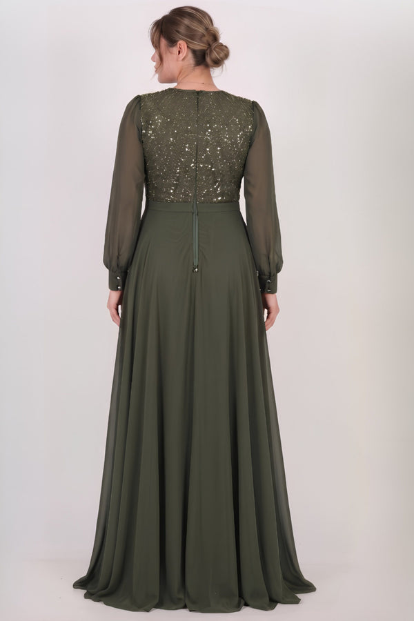 Plus - Size Avondjurk Met Paillettenbovenstuk En Chiffonmouwen – Groen