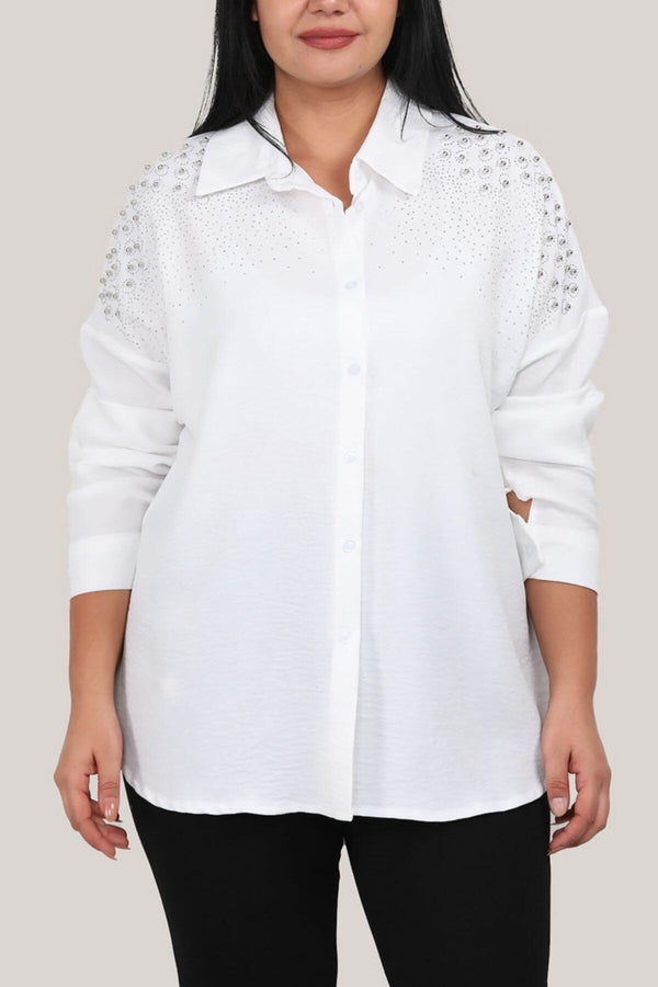 Plus‑Size Blouse Met Parelversiering — Wit