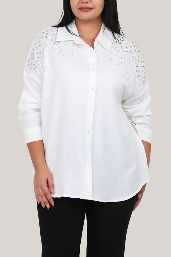 Plus‑Size Blouse Met Parelversiering — Wit