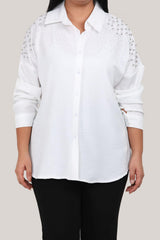 Plus‑Size Blouse Met Parelversiering — Wit