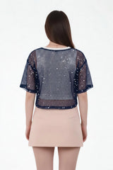 Gelaagd Pailletten - Mesh Top — Navy