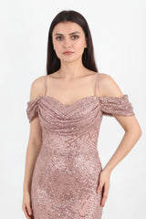Puderrosa Schulterfreies Pailletten - Und Perlen - Abendkleid