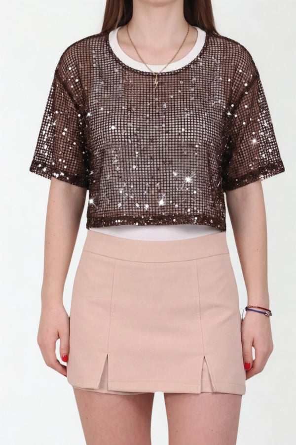 Gelaagd Croptop Met Pailletten — Bruin