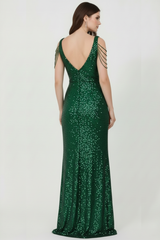 Lange Paillettenjurk Met Kettingdetail Op De Schouders, Groen