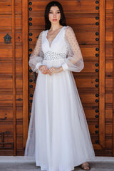 Langes Tüll - Abendkleid – Ecru