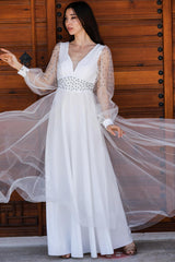 Langes Tüll - Abendkleid – Ecru