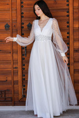 Langes Tüll - Abendkleid – Ecru
