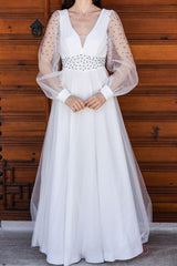 Langes Tüll - Abendkleid – Ecru