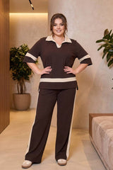 Plus - Size Tweedelig Set Met Polokraag En Streepdetail — Bruin