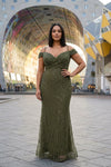 Plus - Size Off - Shoulder Avondjurk Met Kralen — Khaki