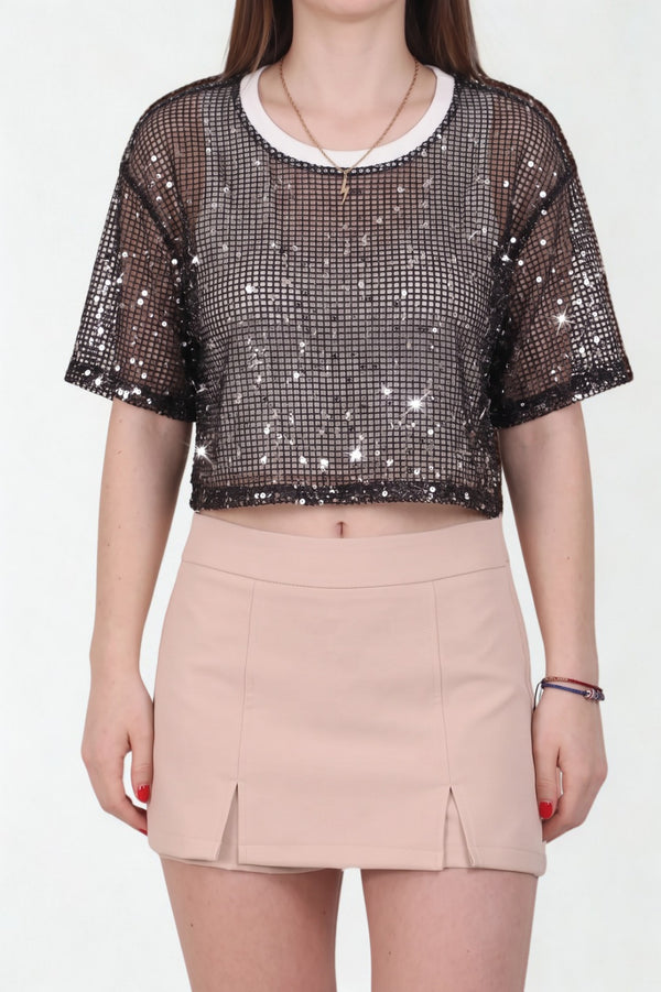 Zwart Dubbellaags Mesh - Top Met Pailletten