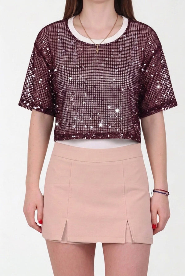 Gelaagd Croptop Met Pailletten — Pruim