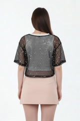 Zwart Dubbellaags Mesh - Top Met Pailletten